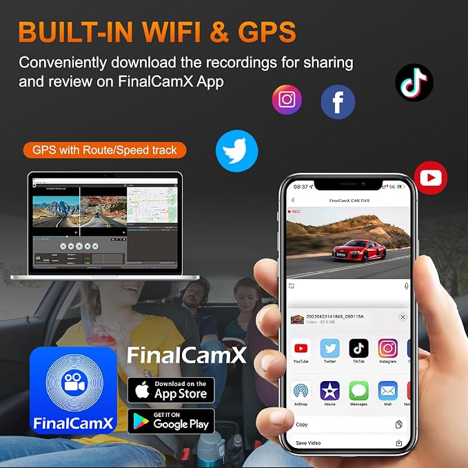 3 Channel Dash Cam, 4K+1080P+1440P Front Inside and Rear Car Camera, Free 128G Card, Triple Dash Camera Built-in WiFi GPS, HDR Night Vision, G Sensor, 170° Wide Angle, 24H Parking Mode