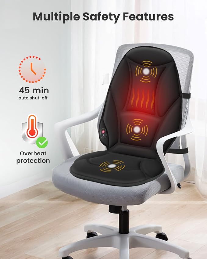 Vibration Back Massager with Heat, Heated Massage Chair Pad, Massage Seat Cushion, Chair Massager pad, seat Warmer 5 Vibrating Modes & 2 Heat Levels, Ideal Gifts for Men Women