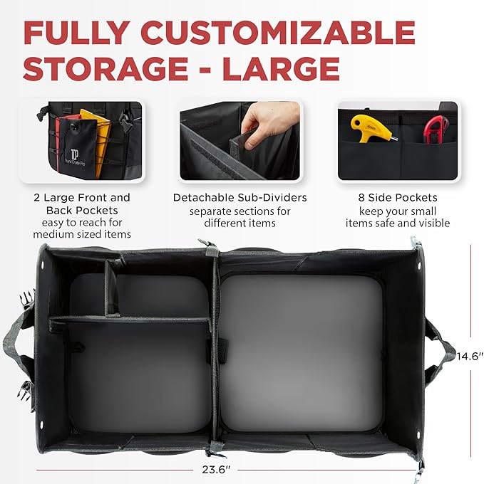 Trunk Organizer For Car, Suv, Truck | Premium Adjustable Multi Compartments Collapsible Car Trunk Organizer With Securing Straps & Non-Slip Bottom (Large Size, Black)