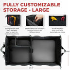 Trunk Organizer For Car, Suv, Truck | Premium Adjustable Multi Compartments Collapsible Car Trunk Organizer With Securing Straps & Non-Slip Bottom (Large Size, Black)
