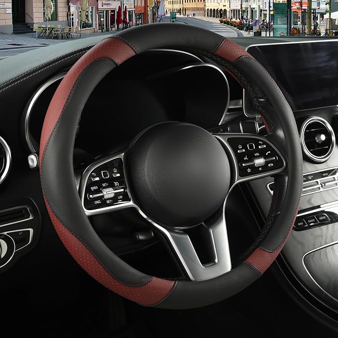 Black Burgundy Breathable Microfiber Leather Steering Wheel Cover | Breathable Anti Slip Grip Cool Sporty Look Glow for Women Men