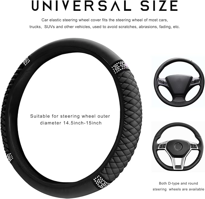 Bling Car Steering Wheel Cover, 15 Inch Sparkly Rhinestone Soft Leather Steering Wheel Protector, Non-Slip Universal Auto Elastic Steering Wheel Covers for Women Girls (Black)