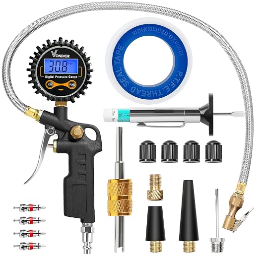 Digital Tire Pressure Gauge with Inflator, 250 PSI Heavy Duty Air Chuck with Tire Tread Depth Gauge, Stainless Steel Braided Hose with Quick Connect Coupler, Car Accessories