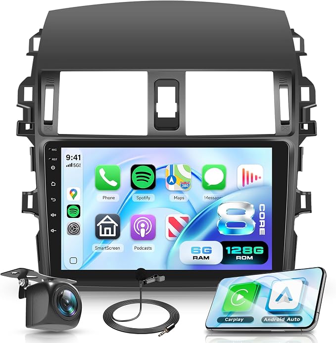8 Core 6G+128G Android 15 Car Stereo for Toyota Corolla 2009-2013, AI Noise Reduction, Wireless Carplay Android Auto 9 Inch IPS GPS 5G-WiFi DSP FM RDS, Bluetooth 5.0 SWC HD Backup Camera