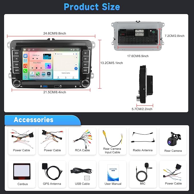 8Core 6G 128G Android Car Stereo for VW Passat Golf MK5 MK6 Jetta T5 EOS Polo Touran Seat Sharan Wireless Carplay Android Auto, 7'' Touchscreen Stereo with GPS Bluetooth WiFi FM/RDS DSP Rear Camera
