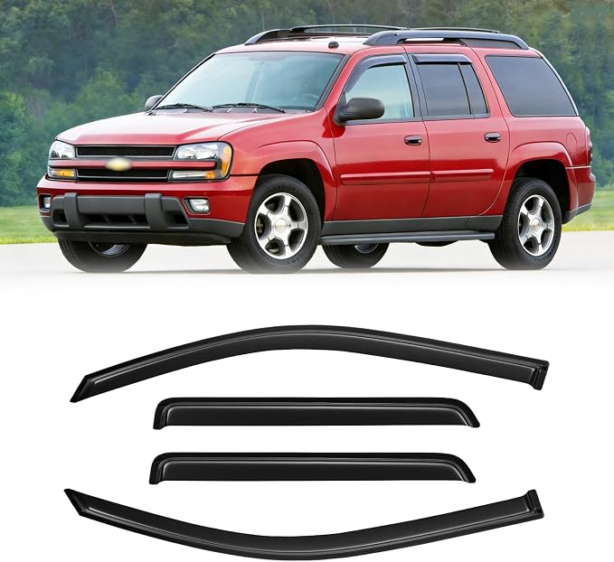 Window Visors for 2002-2009 Chevy(Chevrolet) Trailblazer, Rain Guards Shields Vent Deflector Shade Dark Smoke 2003 2004 2005 2006 2007 2008 02 03 04 05 06 07 08 09, Tape-On, 4PCS
