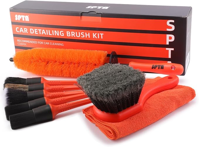 8Pcs Wheel & Tire Brush Car Detailing kit, Easy Reach Wheel and Rim Brush, 5pcs Detailing Brushes, Short Handle Cleaning Brush, 1pc Microfiber Cleaning Cloth, Great to Clean Dirty Tires