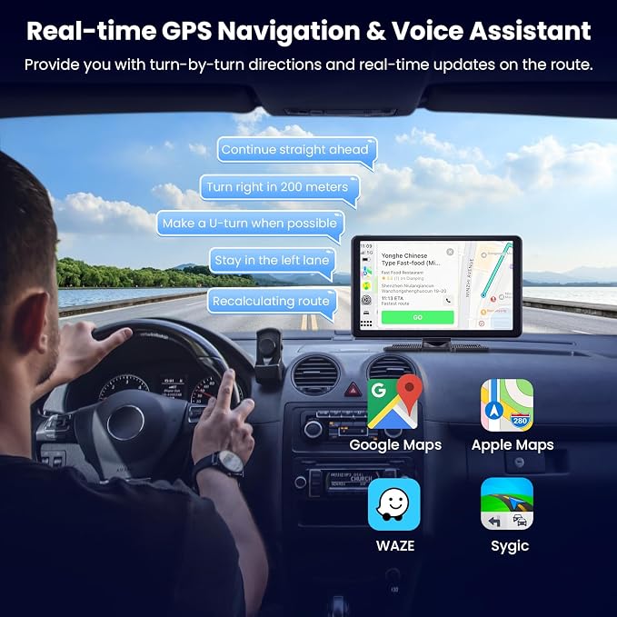 Wireless Portable Carplay Screen with 4K Dash Cam, 9" HD Touch Screen with A-pple Carplay & Android Auto Car Stereo, with 1080p Backup Camera, GPS Navigation/Mirror Link/Voice Control/Bluetooth