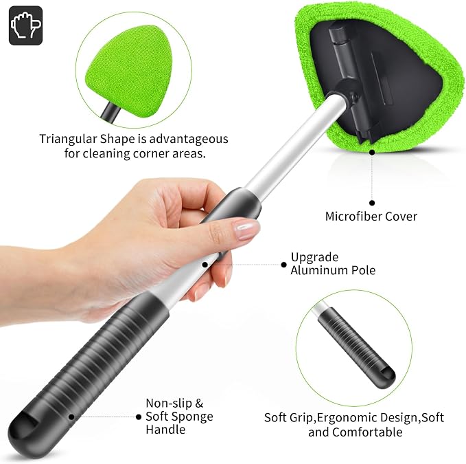 Windshield Cleaning Tool, 23-inch Extendable Handle Car Window Cleaner with 4 Reusable and Washable Microfiber Pads, Auto Glass Wiper Kit for Interior & Exterior, Ideal for Dirty Car Windows, Green