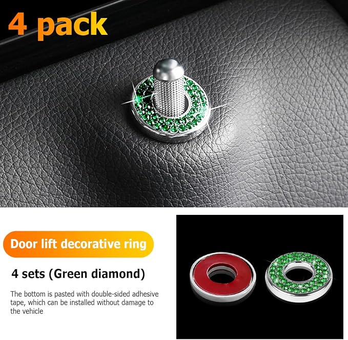 4 Pcs Bling Car Inner Door Lock Covers, Crystal Pull Rod Bolt Stickers, Sparkly Rhinestones Auto Door Bolt Decorations, Vehicle Lock Pin Cap Decors for C Class C200L GLC260 C260L (Green)