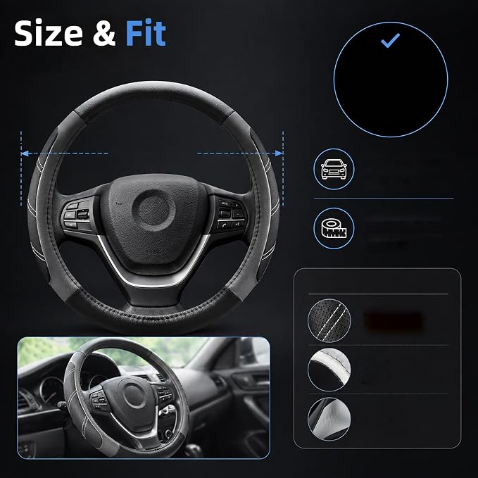 Leather Large Steering Wheel Cover 14 1/2 inch to 15 inch Universal, Soft Grip Breathable for Car Truck SUV Jeep Anti Slip Gray