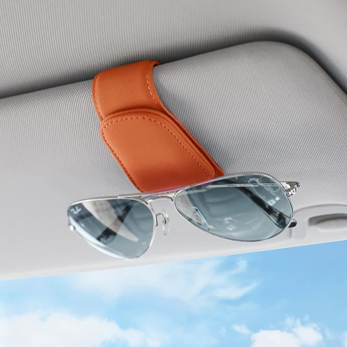 Sunglass Holder for Car Visor Sunglasses Clip Magnetic Leather Glasses Eyeglass Holder Truck Car Interior Accessories Universal for Woman Man -Orange