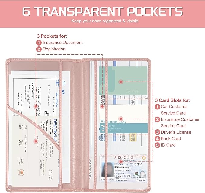 2Pack Car Registration and Insurance Holder,Car Document Holder for Cards License with Magnetic Shut,Vehicle Glove Box Car Organizer for Documents, Cards, License(Pink)