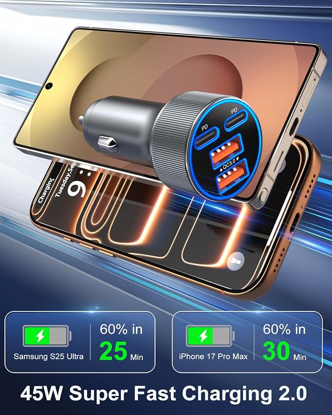 90W Car Charger USB C, Dual 45W Super Fast Charging Car Phone Charger | Multi Port QC/PD 3.0, Cigarette Lighter USB Charger, 12V-24V USB Outlet Adapter Plug for iPhone 17 16 15 14 Samsung Android