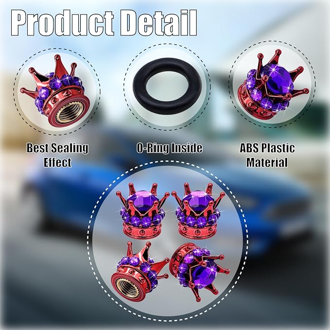 4PCS Crown Bling Tire Stem Valve Caps, Crystal Diamond Car Wheel Tire Valve Caps Universal Copper Core Stem Covers for Cars, SUV, Trucks, Bikes, Motorcycles, Bicycles (Red & Purple)