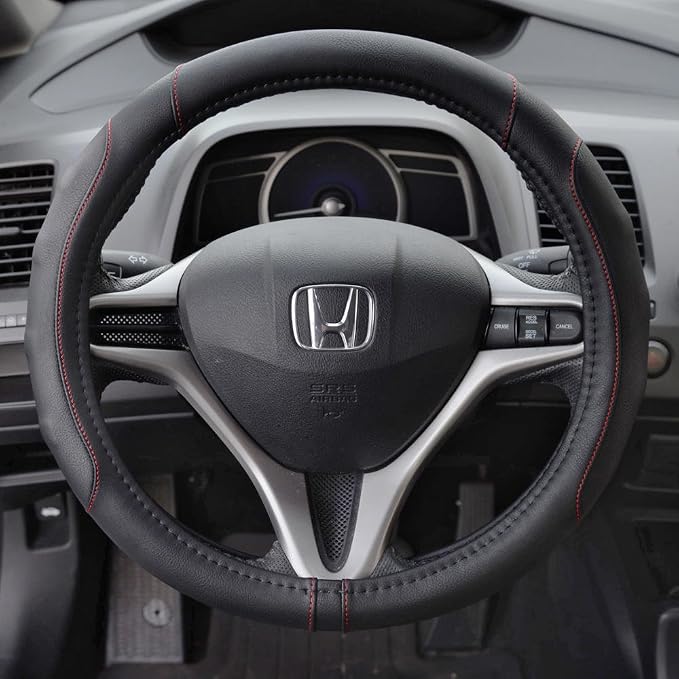 Ergonomic Steering Wheel Cover/Protector for Small Size Steering Wheels in Cars, SUVs, Boats (13.5-14.5") - Grip Drive Pro Comfort Grip (Black/Red Stitching)