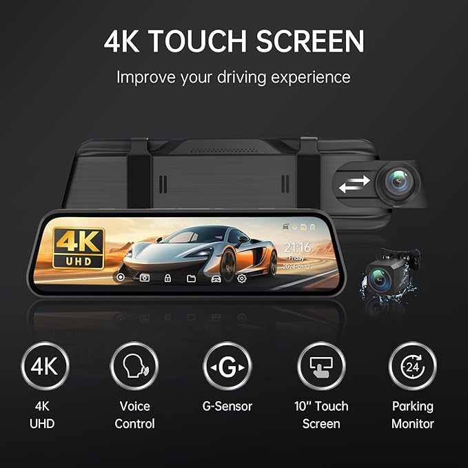 4K Rear View Mirror Camera, 10'' 4K Mirror Dash Cam with 1080P Backup Camera, Dash Cam Front and Rear for Car with Voice Control, 24H Parking Mode, Night Vision, 32GB SD Card Included