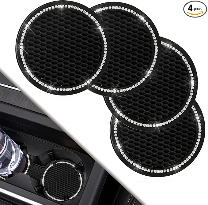 Car Coasters, 4 Pack Universal Vehicle Bling Car Coaster, Crystal Rhinestone Coaster for Cup Holders, Car Interior Accessories 2.75'' Silicone Anti Slip Car Coasters for Women (Black)