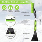 2 Pack 27" Snow Brush and Ice Scraper for Car Windshield - Green | Soft Non-Scratch Bristles, Non-Slip Foam Grip, Detachable Design, Car Snow Removal Tool for Windshields & Windows