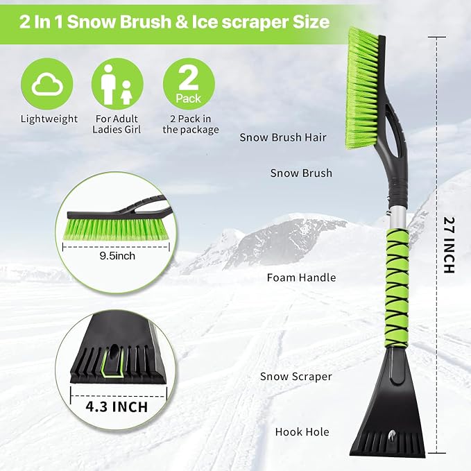 2 Pack 27" Snow Brush and Ice Scraper for Car Windshield - Green | Soft Non-Scratch Bristles, Non-Slip Foam Grip, Detachable Design, Car Snow Removal Tool for Windshields & Windows