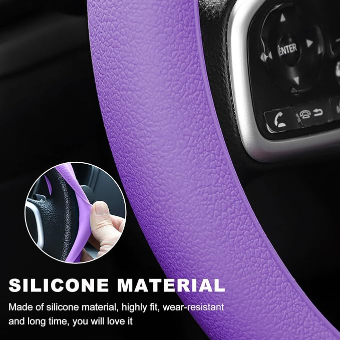 Car Steering Wheel Cover, 13 to 14.17 inches Anti-Slip Silicone Steering Wheel Protector, Soft Flexible Shock-Absorbent Steering Wheel Protective Cover for Most Car Models (Purple)