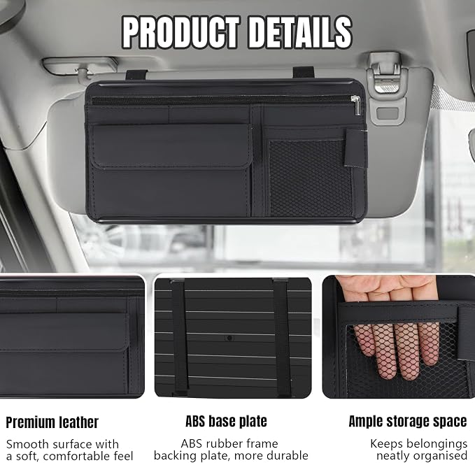 Car Visor Organizer, Leather Multi-Pocket Auto Sun Visor Storage Pouch with Sunglasses Holder, Card Holder, Zipper Pocket, Net Pocket, Pen Slot, Universal Interior Car Accessories (Black)
