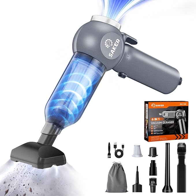 6 in 1 Car Vacuum Cleaner, 20000PA Handheld Vacuum Cordless Rechargeable 7800mAH with Type-C Reverse Charging, Window Breaker and Seatbelt Cutter for Car,Office and Home Cleaning,SW102 Blue Gray