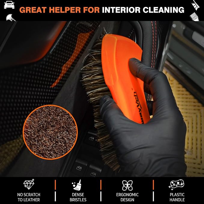 7PCS Car Interior Detailing Kit, Horse Hair Leather Brush for Car Seat, Carpet Brush, Soft Car Detailing Brush, Microfiber Towels & 2 Wax Applicator Pads, Car Interior Care Kit, Orange