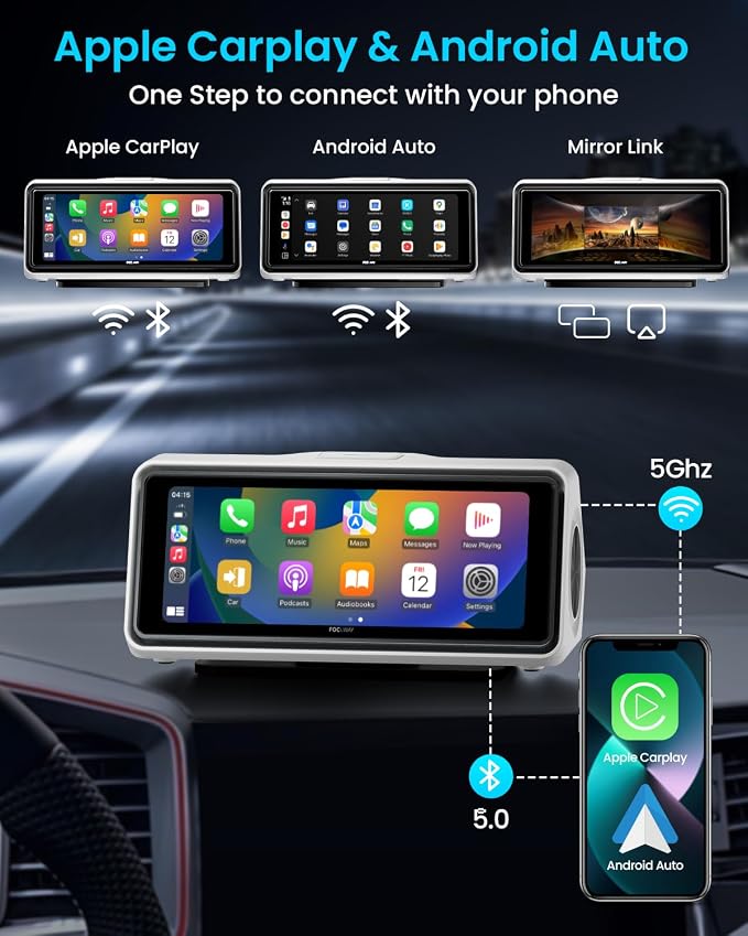 Portable Apple Carplay Screen for Car, Touch Screen with Wireless Android Auto, Car Audio Receivers with Voice Control, Mirror Link, Music Play, GPS Navigation, Built-in Customized Speakers (White)
