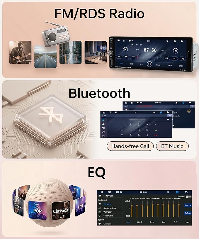 Single Din Car Radio Stereo Wireless Carplay & Android Auto, 6.9" HD IPS Touch Screen Radio, Bluetooth 5.2 Car Audio Receiver, Mirror Link, SWC, 1 Din Stereo with Backup Camera, FM/EQ/USB/Type-C