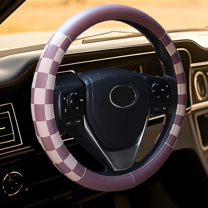 Women Checkered Steering Wheel Cover,Breathable Non-Slip PU Leather Universal 15 Inch Steering Wheel Protector,Fashion Checkerboard Car Interior Car Accessories SUV Truck Men