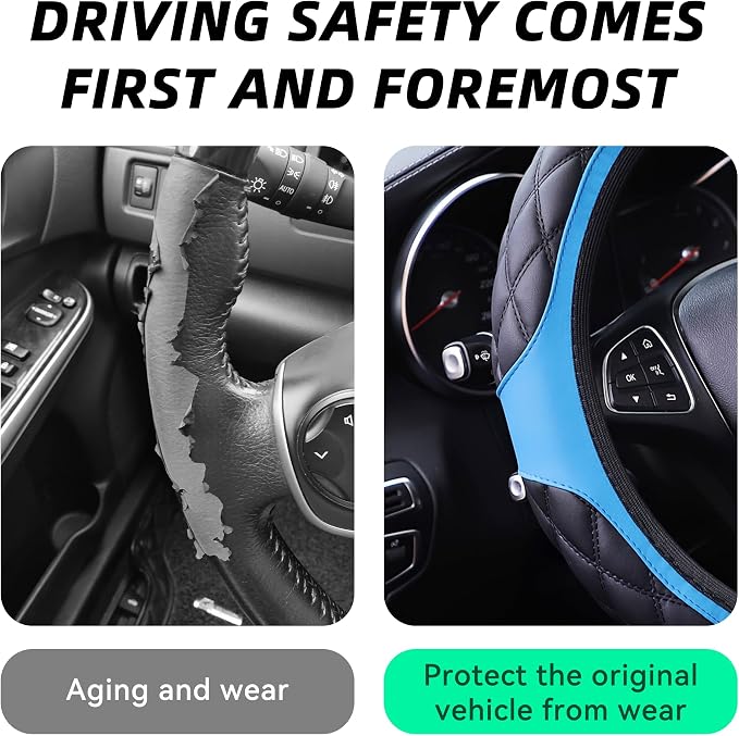 15 Inch Car Leather Steering Wheel Cover, Automotive Accessories Elastic Breathable Anti-Slip Soft Wheel Protector Fits Men and Women, Suitable for SUVs, Trucks, Vehicles and RVs (Blue)