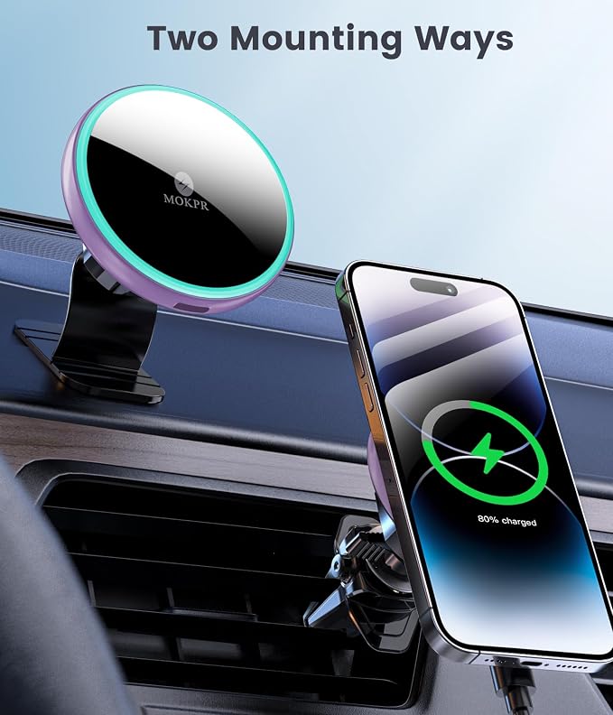 for Magsafe Car Mount Charger-15W Wireless Car Charger-Magnetic Car Phone Holder for Dash Air Vent-LED RGB HandsFree Car Mount Fast Car Charger for iPhone 14/13/12 Series