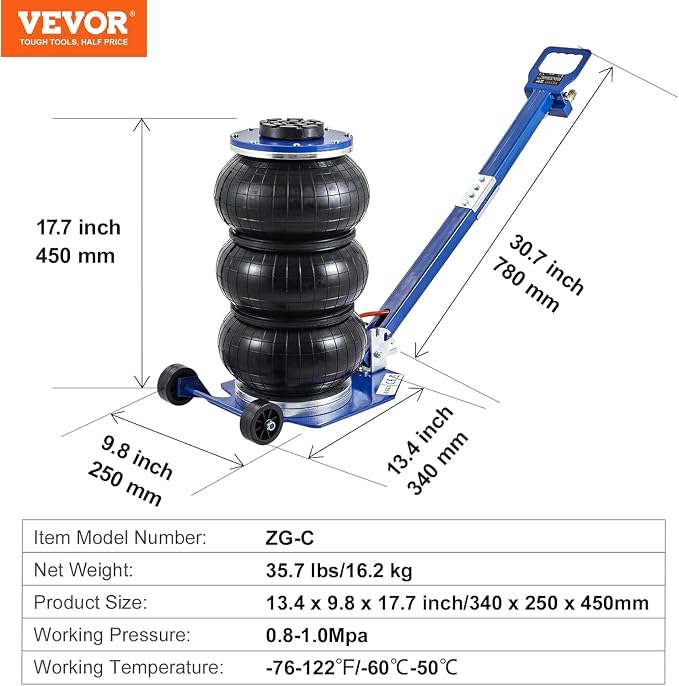 Air Jack, 3 Ton/6600 lbs Triple Bag Air Jack, Airbag Jack with Six Steel Pipes, Lift up to 17.7", 3-5 s Fast Lifting Pneumatic Jack, with Adjustable Long Handles for Cars