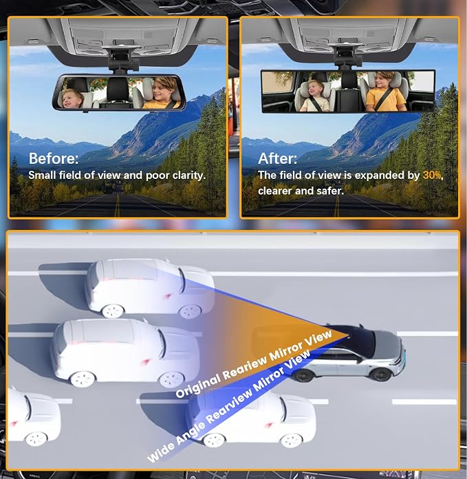 12 Inch Chrome Coat Anti-glare Wide Angle Rear View Mirror 2 Pack | Convex Panoramic Clip-on HD Rearview Mirror Universal Car Interior Accessories Mirrors for Car SUV Truck to Reduce Blind Spot