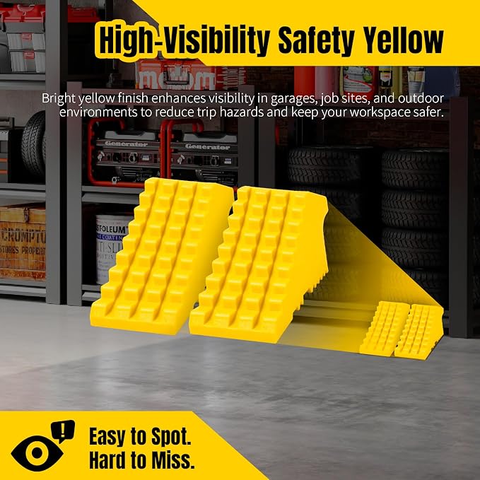 High Visibility Poly Foam Wheel Chock 2-Pack | 8" x 4" x 4" Lightweight Tire Stop | Slip-Resistant Rubber Base | Built-in Handle | Safety Yellow (50503)