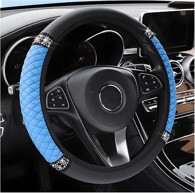 Bling Car Steering Wheel Cover, 15 Inch Rhinestones Soft Leather Elastic Steering Wheel Protector, Sparkly Crystal Diamond for Women Girls, Car Interior Accessories for Most Cars (Blue)