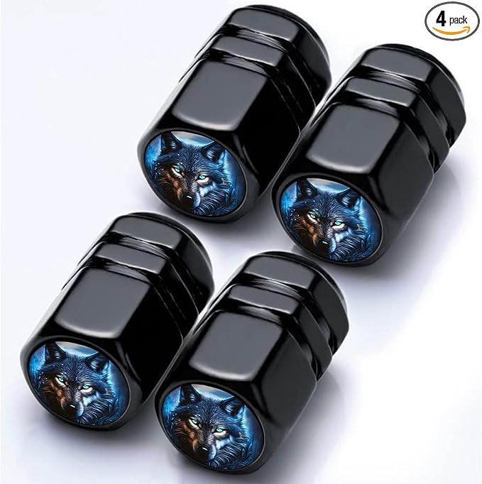 4Pack Wolf Tire Valve Caps Universal Tire Air Cap Valves Stem Covers | Aluminum Alloy Rust-Proof Valve Stem Caps, for Auto SUV Truck Motorcycle Bicycle, Wolf Gifts Decor for Women Men Drivers
