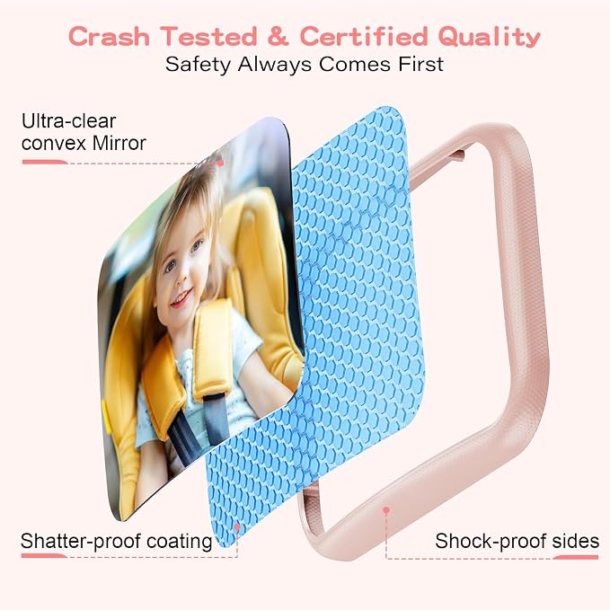 Baby Car Mirror with Stable Hook Clip, Never Falls or Shakes, Rear Facing Car Seat Mirror for Baby Newborn Essentials, Easy Install, Shatterproof & Crash Tested, Pink