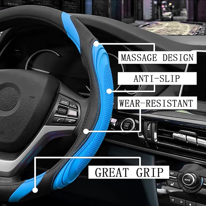 15 Inch Car Leather Steering Wheel Cover, Automotive Accessories Elastic Breathable Anti-Slip Soft Wheel Protector Fits Men and Women, Suitable for SUVs, Trucks, Vehicles and RVs (Blue)