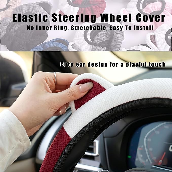 Steering Wheel Cover with Ears Keychain Fit 14-15 inch White Red | Cute Ears Car Steering Wheel Covers for Women Girls Elastic Breathable Steering Wheel Protector Accessories Universal Size