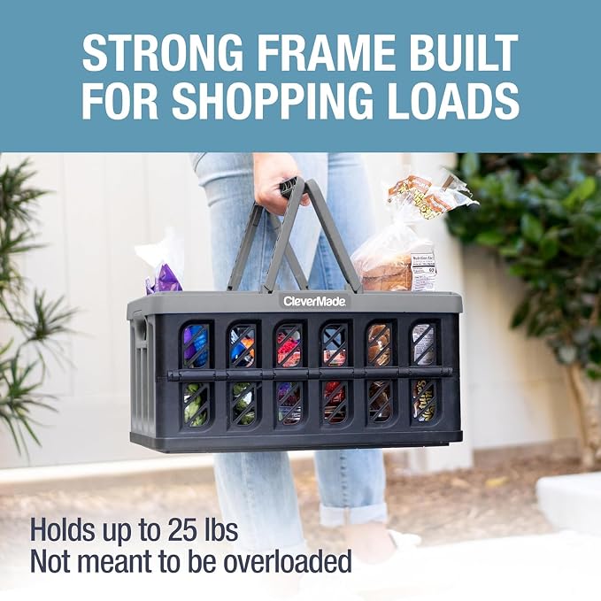 Collapsible Shopping Basket with Handles – 24L Collapsible Grocery Tote, Plastic Storage Baskets Fold Flat, Stackable Collapsible Storage Bins for Car & Home - Stone