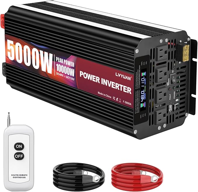 5000 Watt Power Inverter 48V to 110V 120V for Vehicle, Solar Inverter System, Heavy Duty, RV, Truck, Off Grid,Camping with 4 AC Outlets, LCD Display, Wireless Remote Control, Car Power Inverter