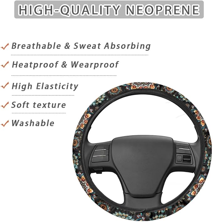 Bohemia Flower Steering Wheel Covers 14-15" inch Universal Fit Most Car Sedans SUVs Comfort Grip Comfortable Handmade Breathable Steering Wheel Protector