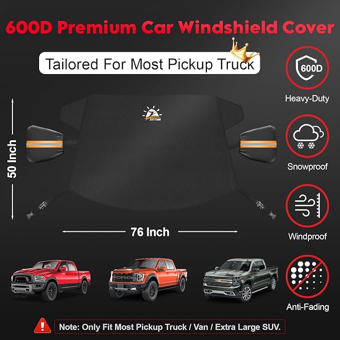 Truck Windshield Cover for Ice and Snow - 600D Large Windshield Snow Cover for Pickup Truck Heavy Duty, Winter Car Windshield Covers for Ford F150, Silverado, GMC Sierra, Ram, Van, and More