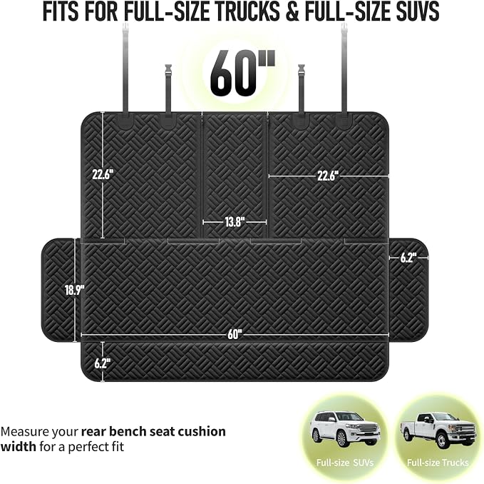 Dog Car Seat Cover for Back Seat, Waterproof 600D Oxford Protector for Travel and Daily Use, Non Slip Scratch Resistant Bench Cover, Easy to Clean, Fits Full-Size Trucks/SUVs, 60 Inch