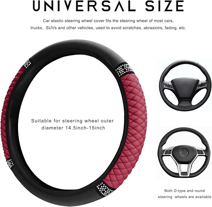 Bling Car Steering Wheel Cover, 15 Inch Sparkly Rhinestone Soft Leather Steering Wheel Protector, Non-Slip Universal Auto Elastic Steering Wheel Covers for Women Girls (Wine Red)