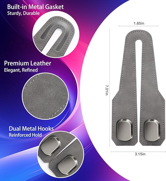2Pcs Car Headrest Hooks with Premium Leather, Upgraded Double Metal Hooks with Anti-Drop Design, Universal Back Seat Hanger for Bags, Coats, Purses and Groceries (Stylish Gray)