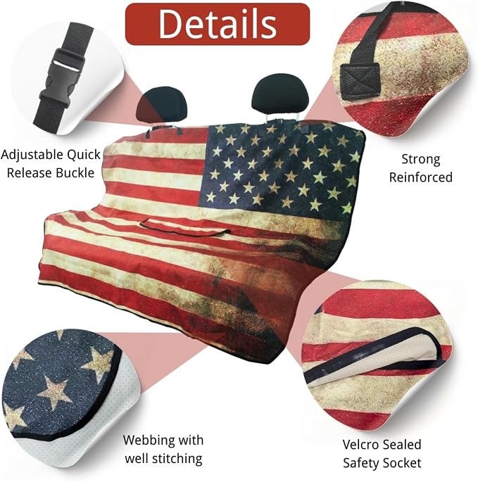 Waterproof Back Seat Cover for Dogs and Kids, Car Seat Protector Under Baby Car Seat, Child and Dog Car Seat Cover Blanket for Rear Bench(American Flag Red, Rear Bench Seat Towel)