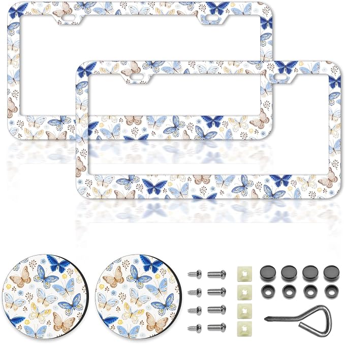 Butterfly License Plate Frames，Butterfly Car Accessories for Women and Men ，Cute License Plate，Aluminum License Plate Frame Fits Standard US Vehicles Size 12.2 x 6 Inch (White-Butterfly)